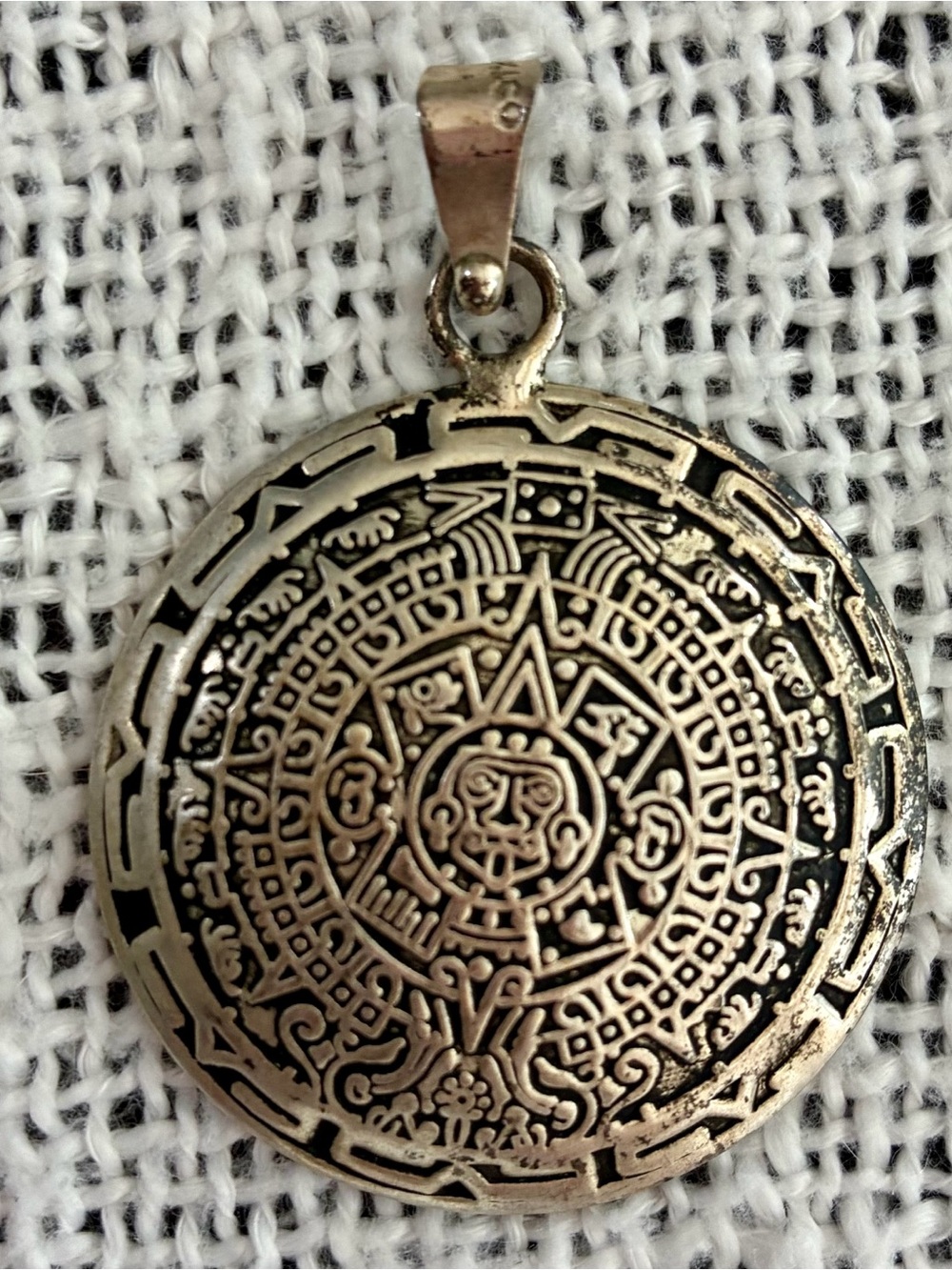 Mexican Sterling Silver Aztec Calendar Pendant Medallion 1.5" Double 925 B1GQ